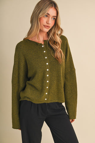 Makenna Olive Green Cardigan – olive green textured knit button-front cardigan top, long sleeves, crew neck