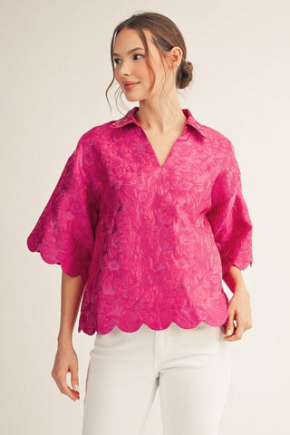 Scallop Edge Detail Floral Jacquard Fuchsia Top - The Pointe Boutique