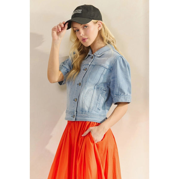 Short Puff Sleeve Denim Jacket Medium Wash - The Pointe Boutique