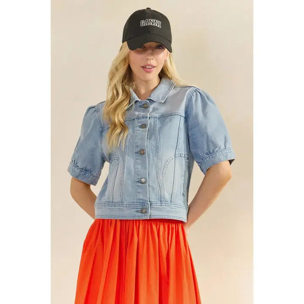 Short Puff Sleeve Denim Jacket Medium Wash - The Pointe Boutique