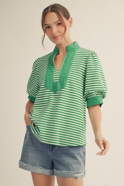Solid Contrast Detail Green Stripe Top - The Pointe Boutique