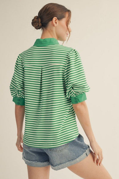 Solid Contrast Detail Green Stripe Top - The Pointe Boutique