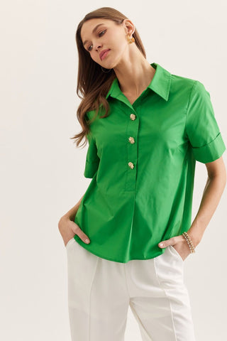 Solid Green Short Sleeve Top Gold Decorative Button - The Pointe Boutique
