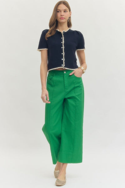 Solid High Rise Wide Leg Green Pants - The Pointe Boutique