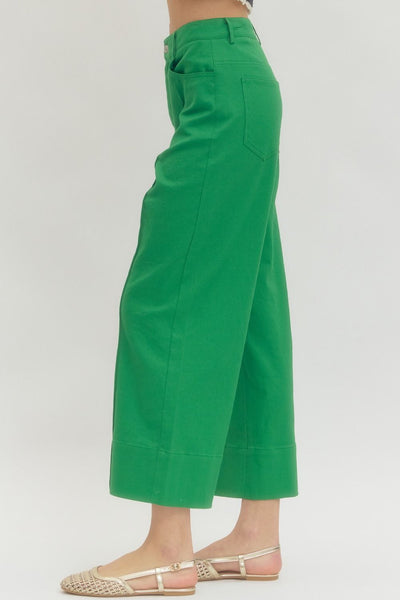 Solid High Rise Wide Leg Green Pants - The Pointe Boutique