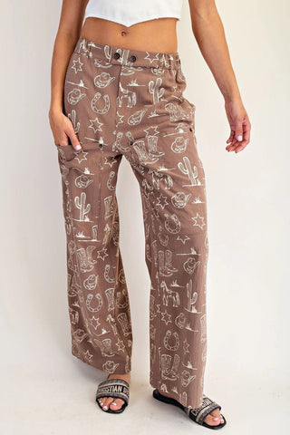 Stone Washed Western Patch Pocket Pants, Coco - The Pointe Boutique