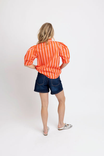 Stripe Button Up Ruffle Neck Top - Coral - The Pointe Boutique
