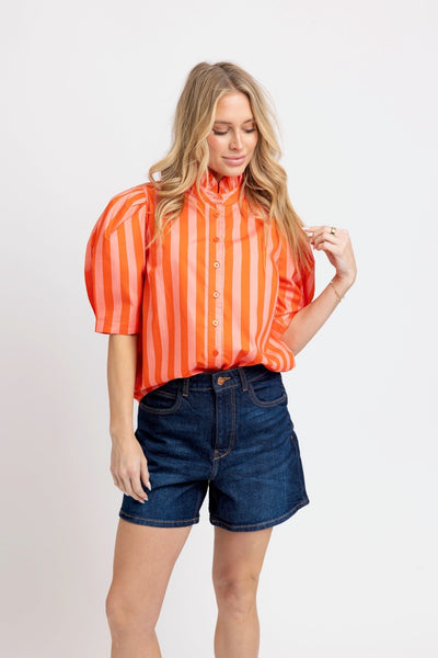 Stripe Button Up Ruffle Neck Top - Coral - The Pointe Boutique