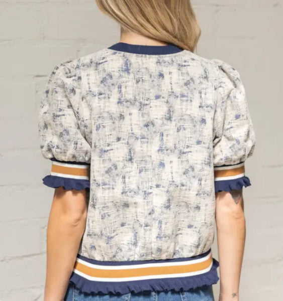 Stripe Ruffle Elastic Band Detailed Two Tone Top, Taupe - The Pointe Boutique