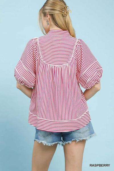 Striped Puff Sleeve Babydoll Top Raspberry - The Pointe Boutique