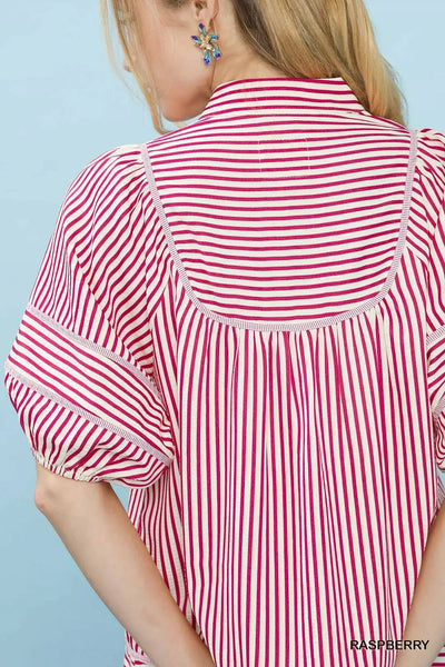 Striped Puff Sleeve Babydoll Top Raspberry - The Pointe Boutique