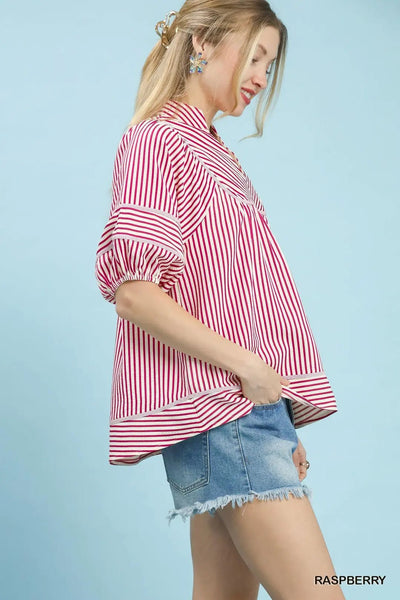 Striped Puff Sleeve Babydoll Top Raspberry - The Pointe Boutique