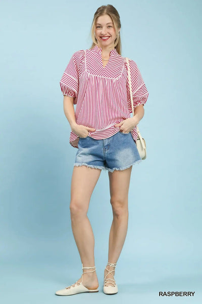 Striped Puff Sleeve Babydoll Top Raspberry - The Pointe Boutique