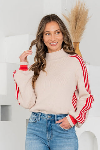 Striped Side Knit Crewneck Sweater Taupe/Ruby - The Pointe Boutique