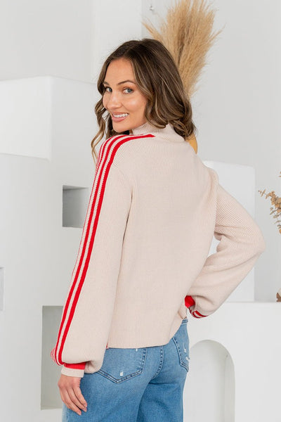 Striped Side Knit Crewneck Sweater Taupe/Ruby - The Pointe Boutique