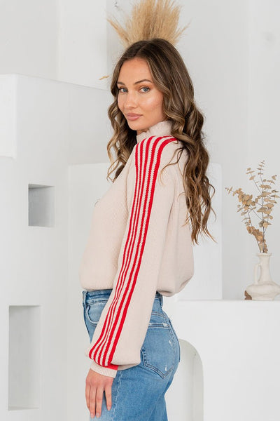 Striped Side Knit Crewneck Sweater Taupe/Ruby - The Pointe Boutique