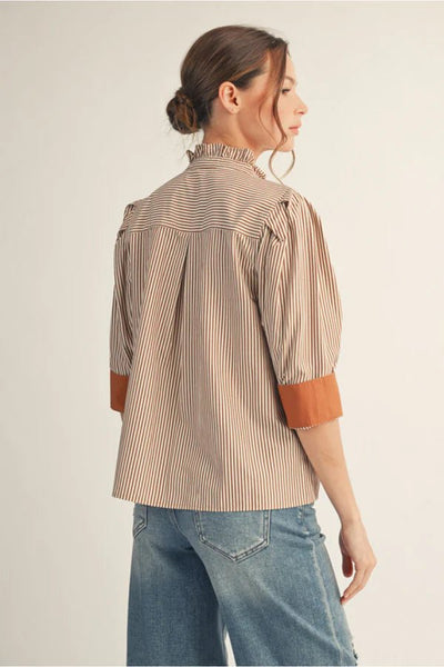 Striped top with Stand up Collar and Button Trim, Mocha - The Pointe Boutique