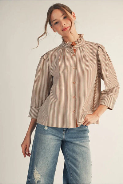 Striped top with Stand up Collar and Button Trim, Mocha - The Pointe Boutique