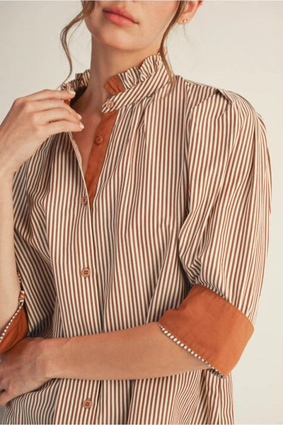 Striped top with Stand up Collar and Button Trim, Mocha - The Pointe Boutique