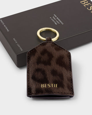 Boxed Photo Keyring-Chocolate Leopard Bestie – chocolate leopard photo keyring in a Bestie gift box