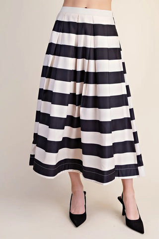 Alexis Faith Stripe A Line Skirt – black and white wide stripe A-line midi skirt