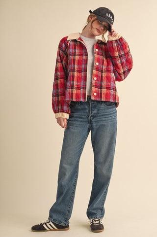 red and navy plaid jacket
