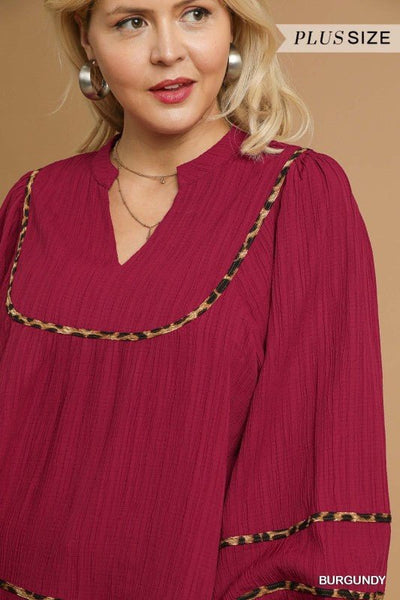Texture Animal Print Blouse, Plus Burgundy - The Pointe Boutique