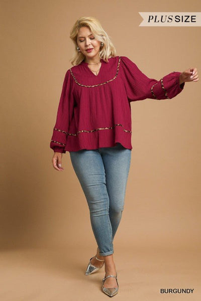 Texture Animal Print Blouse, Plus Burgundy - The Pointe Boutique