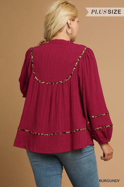 Texture Animal Print Blouse, Plus Burgundy - The Pointe Boutique