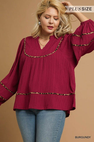 Texture Animal Print Blouse, Plus Burgundy - The Pointe Boutique