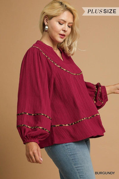 Texture Animal Print Blouse, Plus Burgundy - The Pointe Boutique