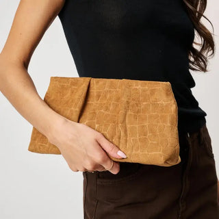 Eva Croco Embossed Faux Suede Clutch – croc-embossed faux suede shoulder clutch