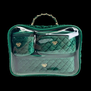set of three emerald velvet and clear travel pouches
