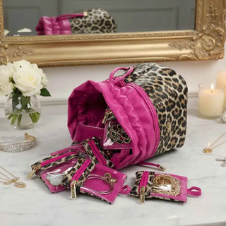leopard and pink drawstring jewelry case