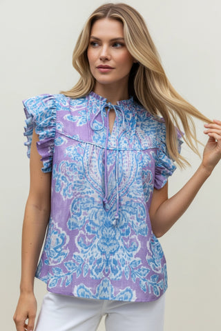 The Blaire Top – lavender and blue paisley print top, ruffle flutter sleeves, tie neck