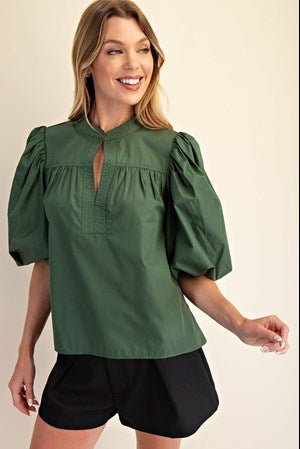 V - Neck Elbow Length Bubble Sleeve Poplin Top, Olive - The Pointe Boutique