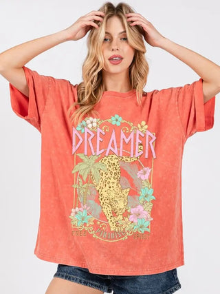 The Cheyenne Top – coral mineral wash graphic tee, DREAMER with leopard and floral print