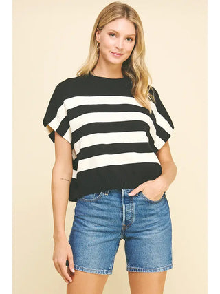 The Stella Sweater – black and white wide stripe knit sweater top, crew neck, short sleeves