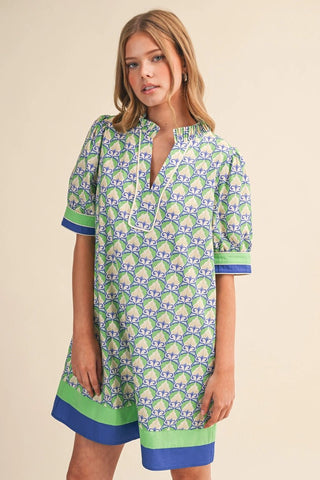 Vintage Floral Puff Sleeve Mini Dress Green Blue Multi - The Pointe Boutique
