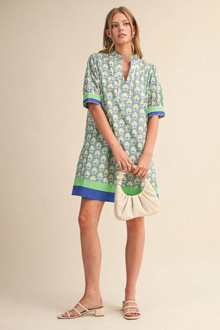 Vintage Floral Puff Sleeve Mini Dress Green Blue Multi - The Pointe Boutique