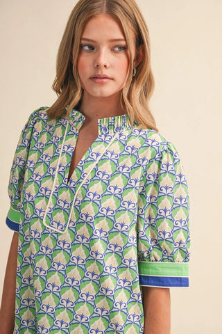Vintage Floral Puff Sleeve Mini Dress Green Blue Multi - The Pointe Boutique