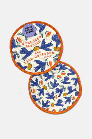 round padded tortilla warmer with Taco Obsessed print