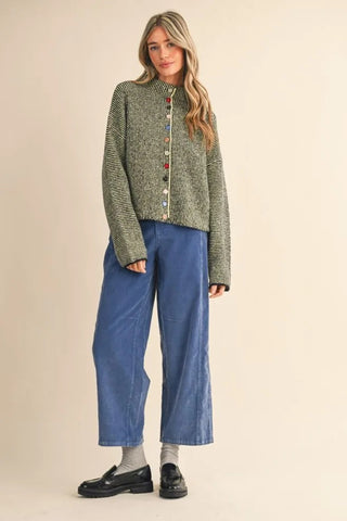 The Avery Black Sweater – textured knit cardigan, button front, long sleeves