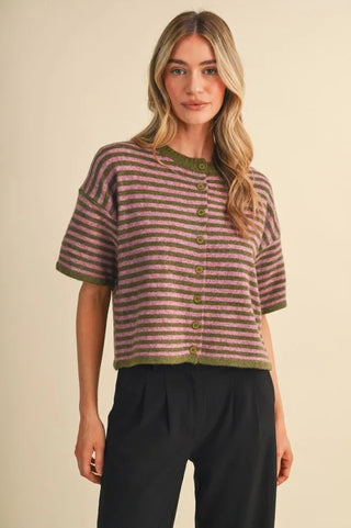 Aubrielle Jo Cardigan – purple and olive striped short sleeve knit cardigan