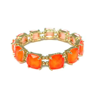 Neon Coral Cushion Cut Glass Crystal Linked Stretch Bracelet