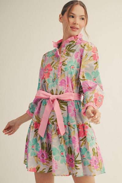 Waist Tie Floral Tiered Dress - The Pointe Boutique