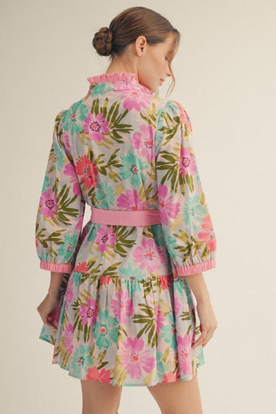 Waist Tie Floral Tiered Dress - The Pointe Boutique