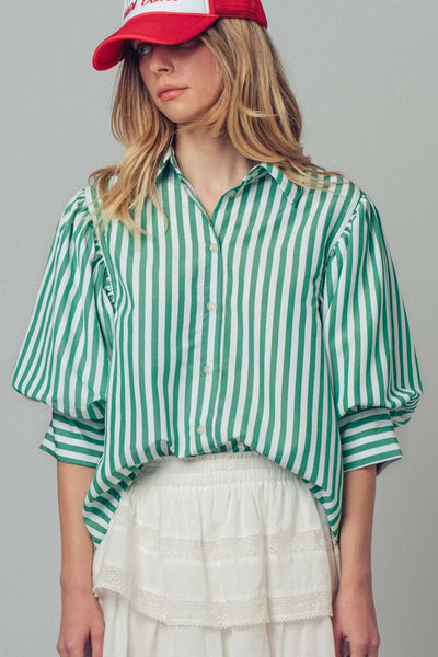 Western Boho Drop Waist Blouse, Green Stripe - The Pointe Boutique