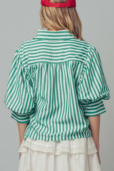 Western Boho Drop Waist Blouse, Green Stripe - The Pointe Boutique