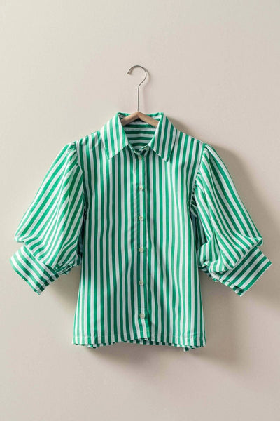 Western Boho Drop Waist Blouse, Green Stripe - The Pointe Boutique